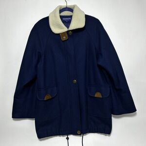VTG Herman Kay Navy Wool Blend Swing Coat Faux Shearling Collar 12 L XL Heritage